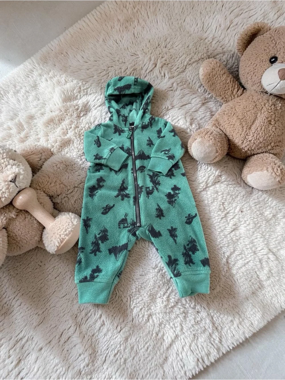 Carter's Baby 2 Pc Set 3M Hooded Forest Print Fleece One-Piece Navy Plaid Bundle